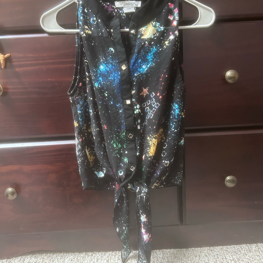 Soprano Black Sequin Sleeveless Blouse with Tie Front